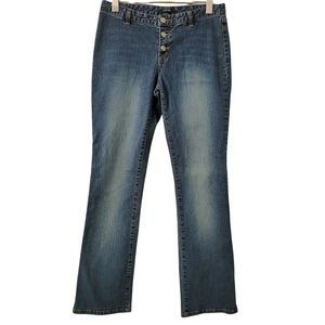 𝅺women's  Button Fly Jeans Mini Bootcut Low Rise Denim Dark Wash Size 8